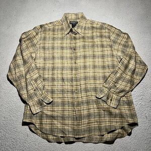 Vintage Mondo Di Marco Shirt Mens XL Linen Plaid Brown Italy Lightweight Button
